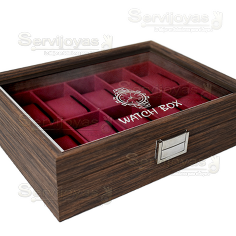 ESTUCHE MADERA P/10 RELOJES CON VENTANA ROJO 6468.RD