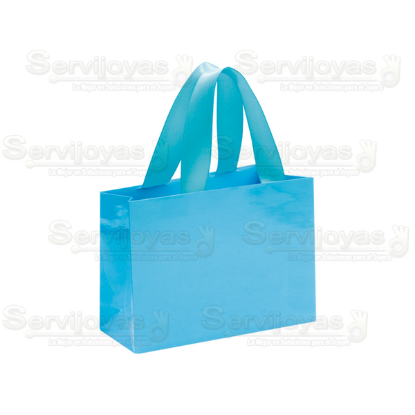 Bolsa De Papel Brillante Chica Con Listón Azul Claro Medidas: 12x5x9cm 2911.LB