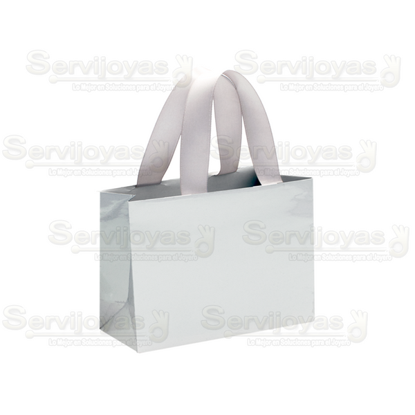 Bolsa De Papel Brillante Chica Con Listón Plata Medidas: 12x5x9cm 2911.SL