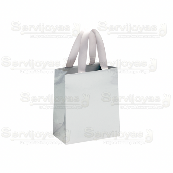 Bolsa De Papel Brillante Mediana Con Listón Plata Medidas: 11.5x6x14cm 2912.SL