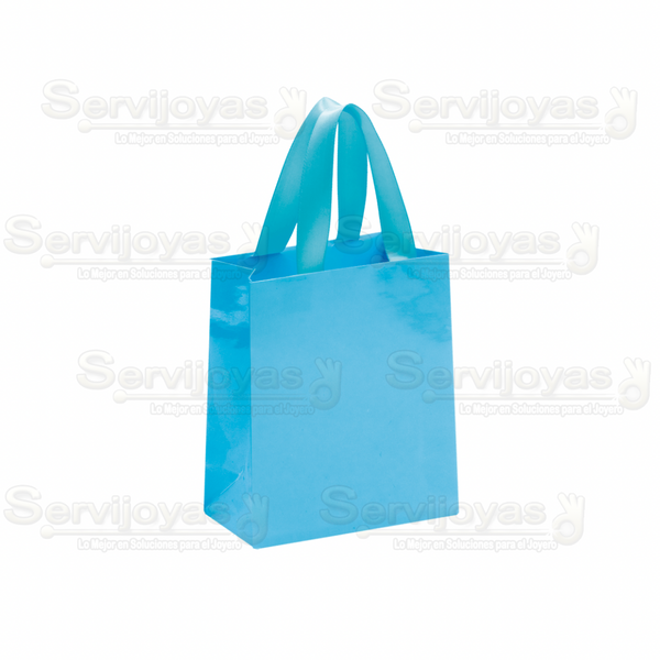 Bolsa De Papel Brillante Mediana Con Listón Azul Claro (paq. 10pzas) Medidas: 11.5x6x14cm 2912.LB