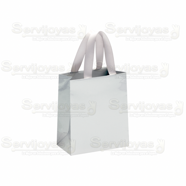 Bolsa De Papel Brillante Grande Con Listón Plata Medidas: 18x9.5x22.5cm 2914.SL